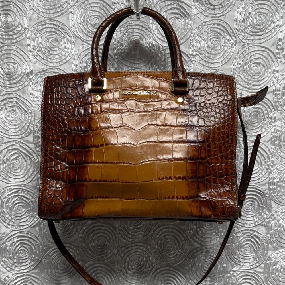 Michael Kors Tan and Brown Crocodile Embossed Satchel (Selma)